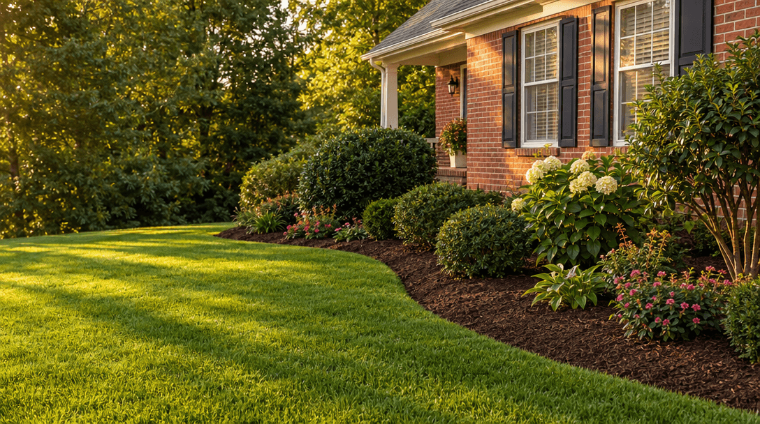 A neatly maintained lawn beside a curved mulched bed and brick home